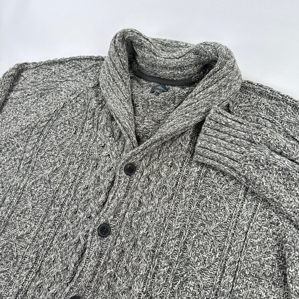 LL Bean Signature Mens Sweater XXL Gray Fisherman Shawl Cardigan Cable Knit